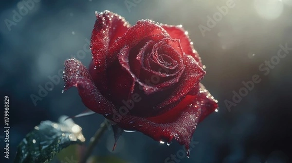 Fototapeta A close-up of a single red rose covered in delicate water droplets, with the petals glistening under soft sunlight, creating a romantic and fresh atmosphere.