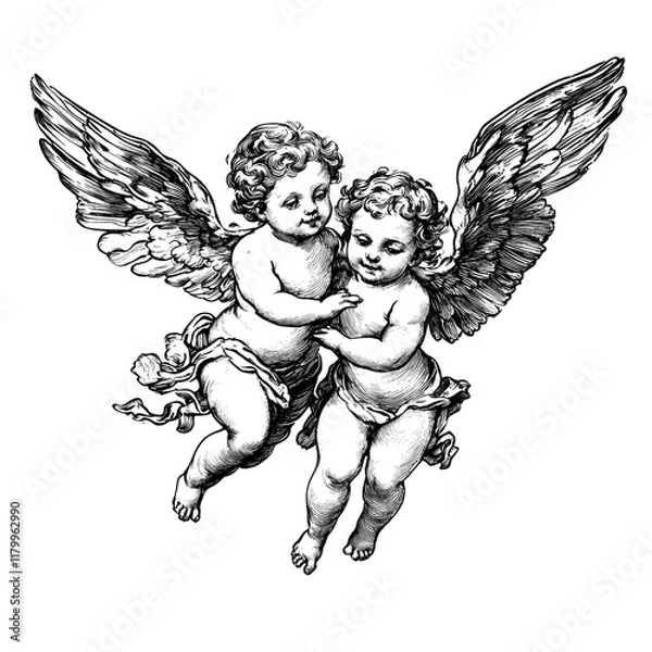 Fototapeta Two cherubic angels with wings, embracing in mid-flight. A classic illustration of innocence and purity.