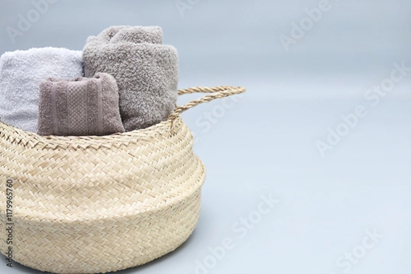 Obraz Straw wicker basket full of tolled cotton towels on grey background with copy space.