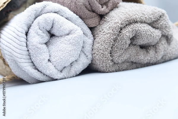 Obraz Stack of towels on grey background with copyspace.