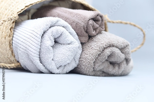 Obraz Closeup natural cotton towels on grey background with copyspace.