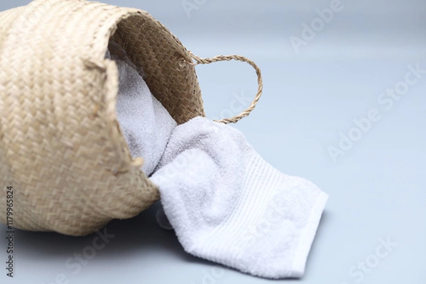 Obraz Straw wicker basket and white natural cotton towel laying on gray background. Fashionable bamboo basket. Eco friendly and zero waste item.