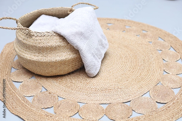 Obraz Fashionable bamboo basket with natural cotton towel on handmade jute rug. Stylish interior item. Eco design for  bathroom.Space for text.