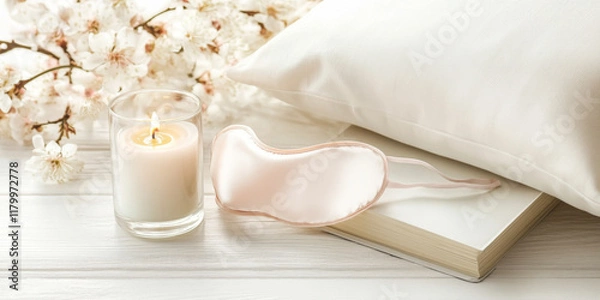 Fototapeta Cozy bedtime scene with sleep mask and open book on bed, suitable as background