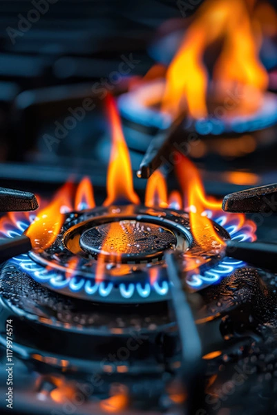 Fototapeta Stove burner is lit with a blue flame