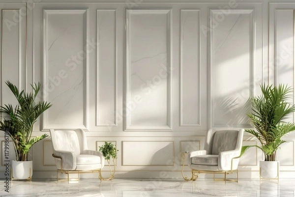 Fototapeta Elegant interior space with two stylish armchairs and lush greenery inviting relaxation in a modern design
