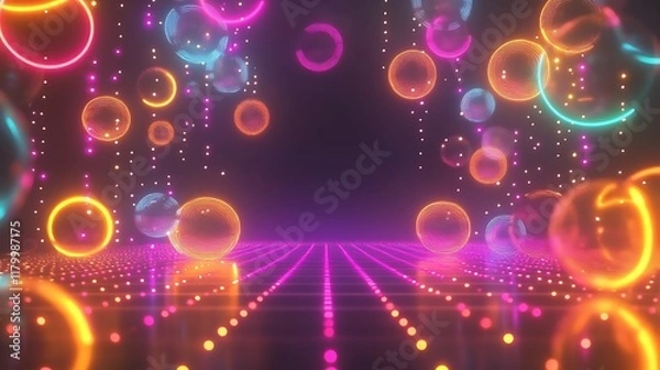 Fototapeta Neon Circles Illuminate a Futuristic Grid Landscape