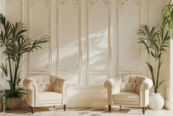 Fototapeta Cozy elegant chairs with lush greenery in a bright and airy room create a serene space for relaxation