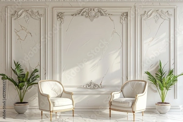 Obraz Elegant interior design showcasing white chairs and marble walls in a bright, serene setting