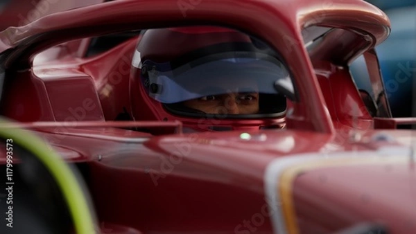 Fototapeta Close-up of a focused pilot driver in a red racing car, preparing for a race