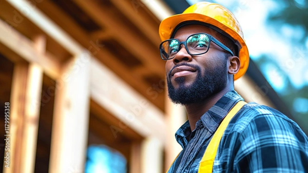 Fototapeta Black, afro american, confident construction worker wearing yellow safety helmet and plaid shirt, standing in front of wooden house structure under construction. Partially built frame on background