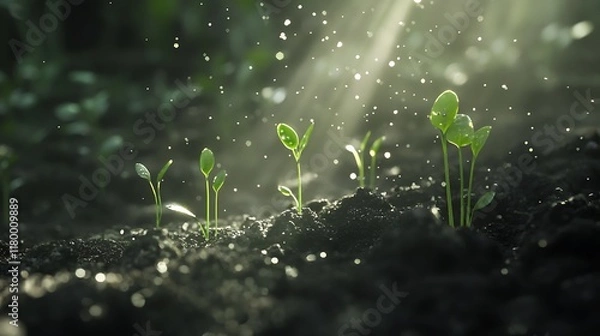 Obraz New green shoots breaking through the soil with light shining brightly