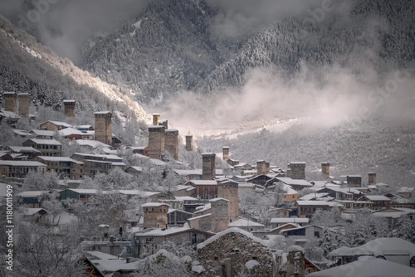 Fototapeta After the snowfall, fabulous winter weather came to Mestia