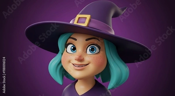 Fototapeta Playful Cartoon Witch Face - Unreal Engine Style with Vibrant Background, Toy-Like Design