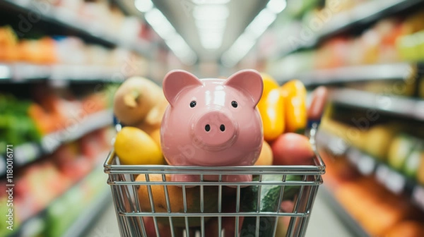 Fototapeta Pink piggy bank sitting in a grocery cart filled with fresh produce. symbolizing budgeting and saving money or expensive groceries, so need to bring savings. Image made using Generative AI