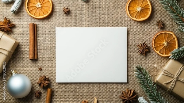 Fototapeta Cozy Holiday Arrangement with Blank Canvas Surrounded by Cinnamon Sticks, Dried Oranges, Pine Branches, and Decorative Gifts on Rustic Burlap Background