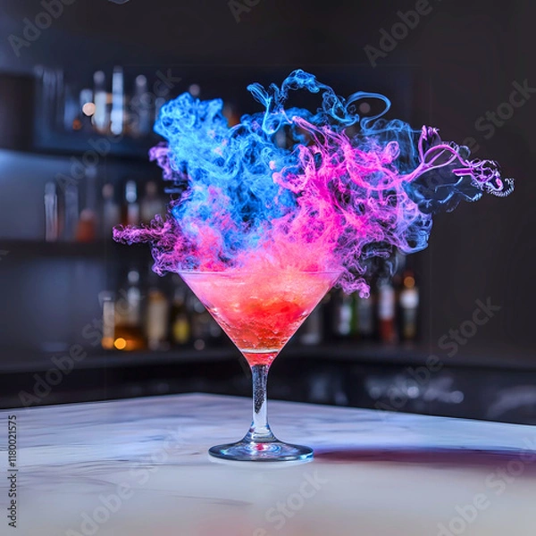 Fototapeta dazzling cocktail featuring a mix of blue and golden liquid with citrus garnishes, served in a stemmed glass. The vibrant splash effect and sparkling elements create a dynamic and lively presentation,