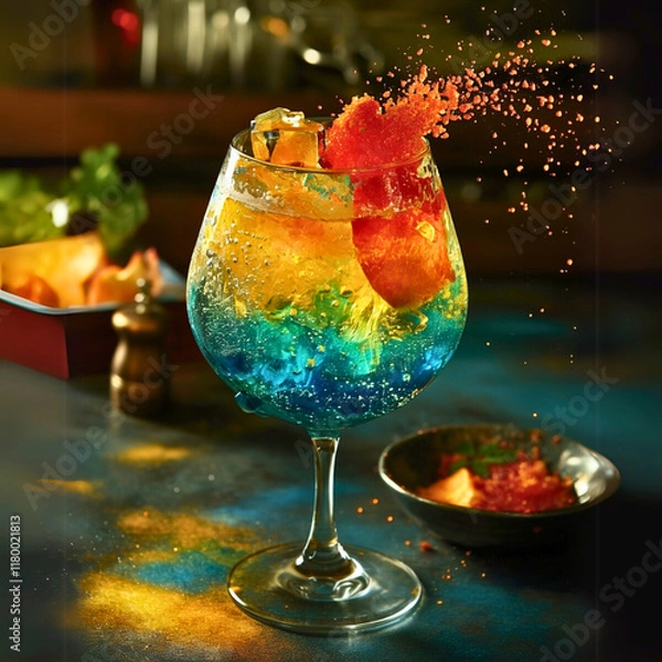 Fototapeta A dazzling cocktail featuring a mix of blue and golden liquid with citrus garnishes, served in a stemmed glass. The vibrant splash effect and sparkling elements create a dynamic and lively presentatio