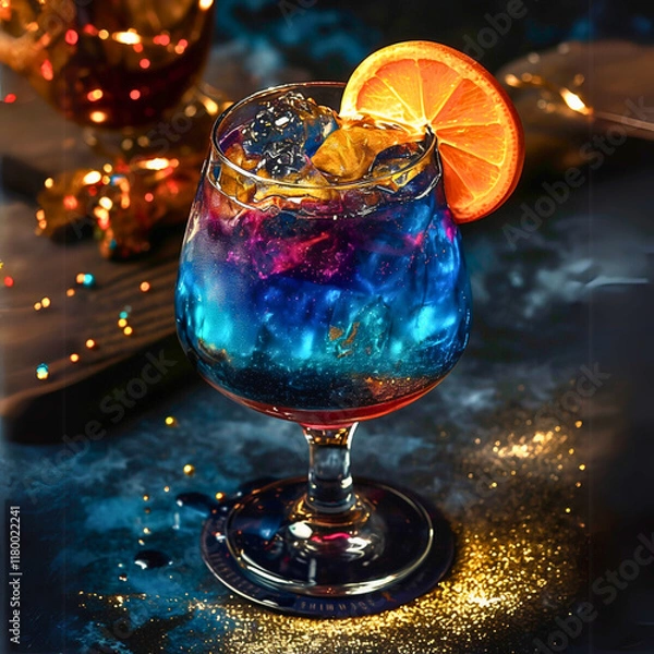 Fototapeta mesmerizing cocktail served in a martini glass, emitting vibrant pink and blue swirling smoke. The drink's dynamic presentation against a bar backdrop exudes mystery and creativity, perfect for upscal