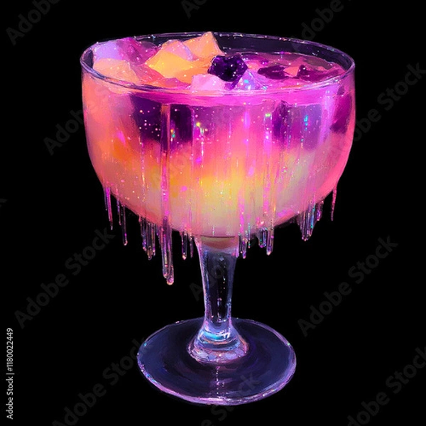 Fototapeta A vibrant and artistic illustration of a cocktail glass filled with glowing, multicolored neon liquid and ice cubes. The dripping effect on the glass enhances the surreal and futuristic vibe, creating