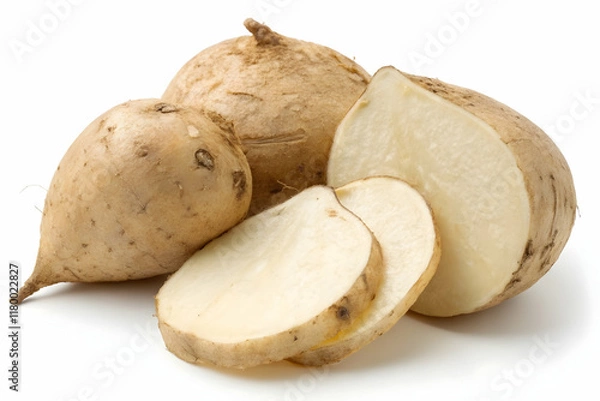 Fototapeta Fresh Jicama Root - Crisp and Nutritious Vegetable on White Background