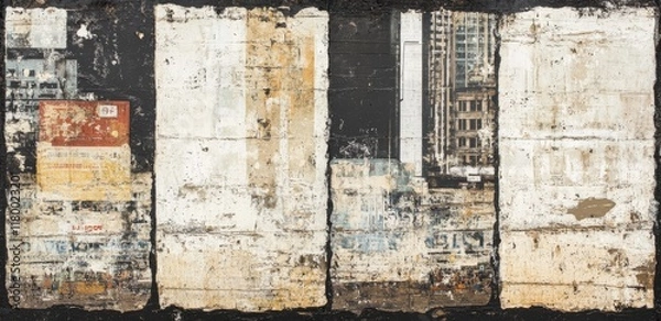 Fototapeta Torn and aged posters with textures, backgrounds in grunge style, creased, crumpled paper, vintage collage placards, and backdrop