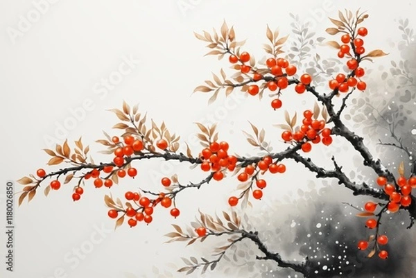 Fototapeta there is a painting of a branch with berries on it