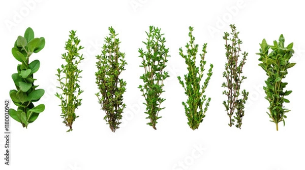 Fototapeta A vibrant collection of fresh herbs artfully displayed on a white background
