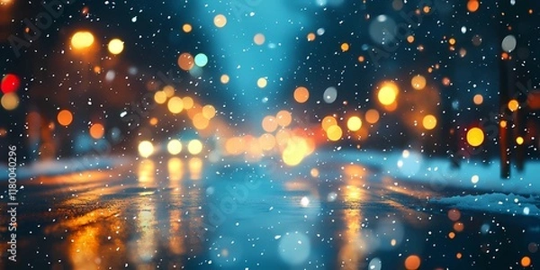 Fototapeta Blurred winter city background with glowing festive lights and snowy streets, evoking a tranquil and magical urban atmosphere, style book illustration