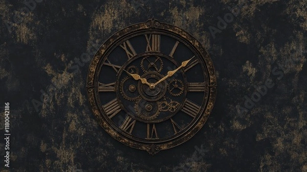 Fototapeta Vintage Industrial Style Wall Clock with Intricate Gears and Roman Numerals