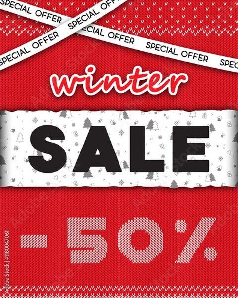 Obraz Red and white winter sale banner. Background in the form of a knitted sweater with an ornament. Forms. Modern background. Winter pattern. Figure background