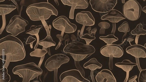Fototapeta Captivating Mushroom Illustrations on Dark Background, Exquisite Botanical Art Print, Detailed Linework, Golden Hues, Mushroom Pattern Design