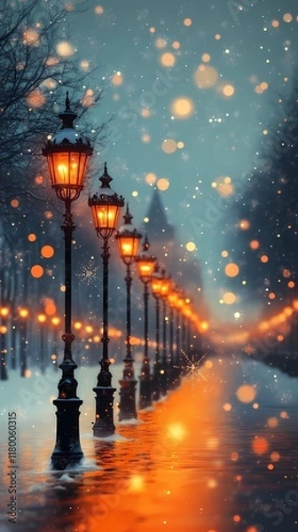 Fototapeta Abstract blurred city lights glowing softly against a snowy urban setting, evoking a magical and peaceful winter mood, style book illustration