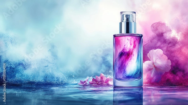 Fototapeta A colorful skincare bottle blends elegantly with floral elements in its creative background