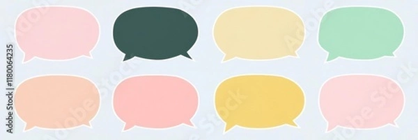 Fototapeta A cheerful comic book background is enhanced with blank white speech bubbles of various shapes. Decorative elements like rays, radial designs, halftone shades, and dots are featured, all rendered in