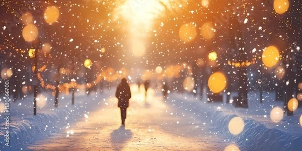 Fototapeta Blurred golden city lights glowing faintly on snowy streets, creating a serene and abstract winter urban background, style book illustration