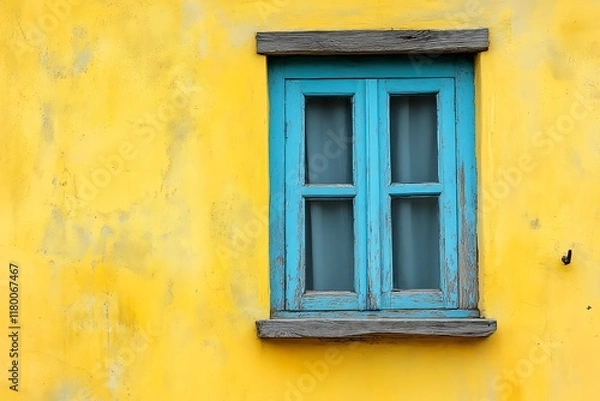 Fototapeta Colorful window on yellow wall with blue wooden shutters. Abstract background