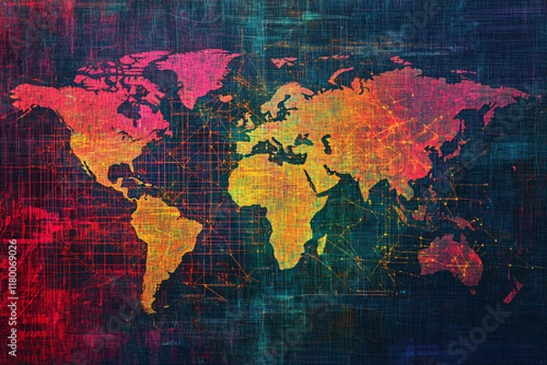 Fototapeta Colorful world map design with creative digital patterns showcasing global connectivity and topography details. Generative AI