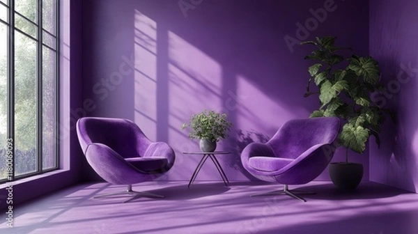 Fototapeta Two purple velvet armchairs face each other in a purple room with a window and plants.
