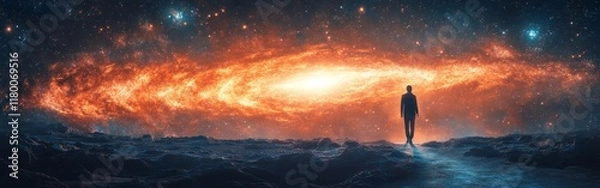 Fototapeta A mesmerizing scene of a person walking toward a vibrant galaxy surrounded by mystical clouds and twinkling stars. Ideal for fantasy, exploration, and cosmic-themed projects