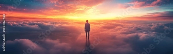 Fototapeta A mesmerizing scene of a person walking toward a vibrant galaxy surrounded by mystical clouds and twinkling stars. Ideal for fantasy, exploration, and cosmic-themed projects