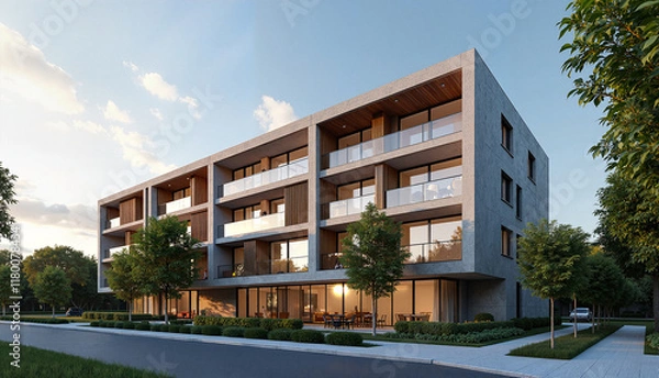 Fototapeta Modern residential building with greenery and evening sky