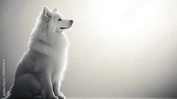 Fototapeta A majestic Samoyed sits with its fluffy coat perfectly groomed, glowing against a white backdrop, full of warmth and friendliness