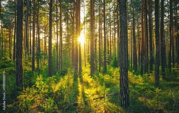 Obraz A dense pine forest with tall trees and dappled sunlight filtering through the canopy