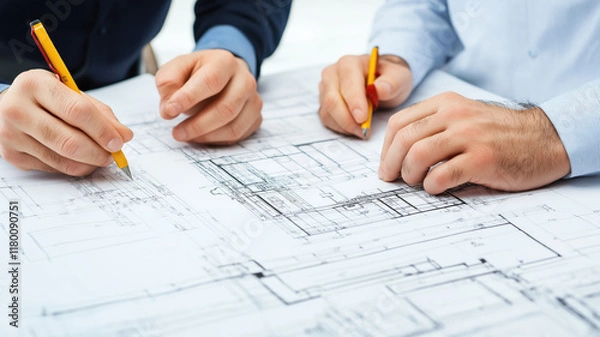 Fototapeta engineer and an architect reviewing blueprints and construction plans together at a bustling construction site