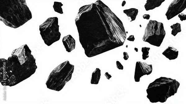 Fototapeta Falling rocks on white background. Black charcoal or coal on white background. Illustration for cover, card, postcard, interior design, decor or print.
