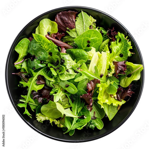 Fototapeta Isolated on white background, a black bowl with a fresh green salad topped with olive oil and balsamic vinegar, seen from the top