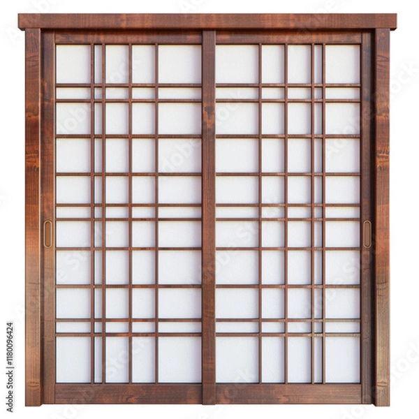 Fototapeta An isolated traditional Japanese shoji door with rice paper panels on a white background