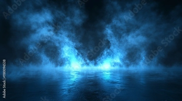 Obraz Abstract 3d concrete background with black fog, neon lights, and wet asphalt in urban street art style, blue and cool smoke effects on dark cement floor