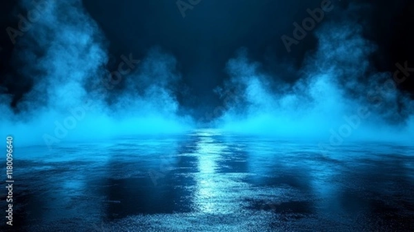 Obraz Abstract 3d concrete background with black fog, neon lights, and wet asphalt in urban street art style, blue and cool smoke effects on dark cement floor